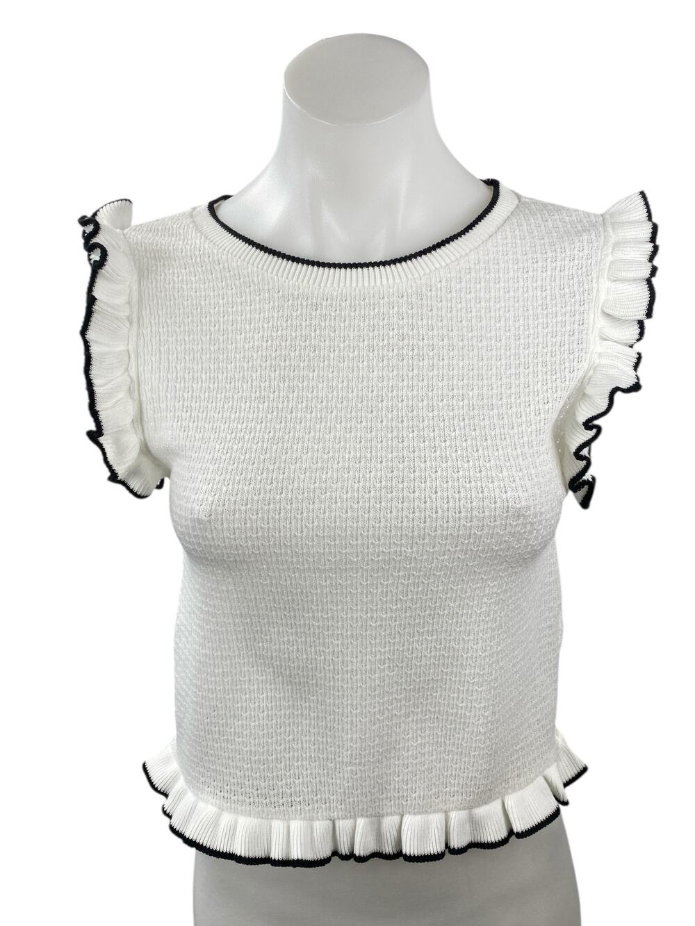 Zara Women's White Black Ruffle Sleeve Knit Round Neck Sweater Blouse Top Size S